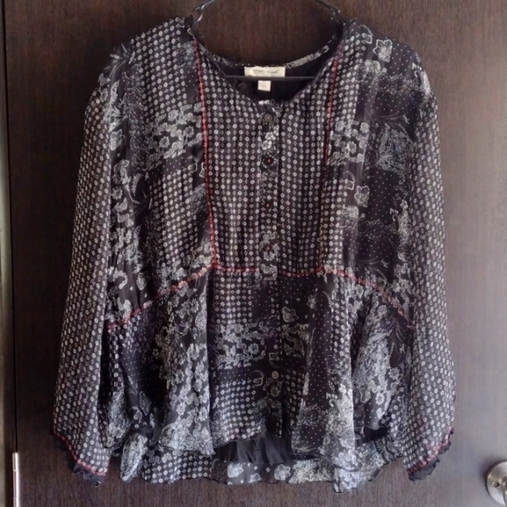 Coldwater Creek Black White Floral Ruffled Top Size PS